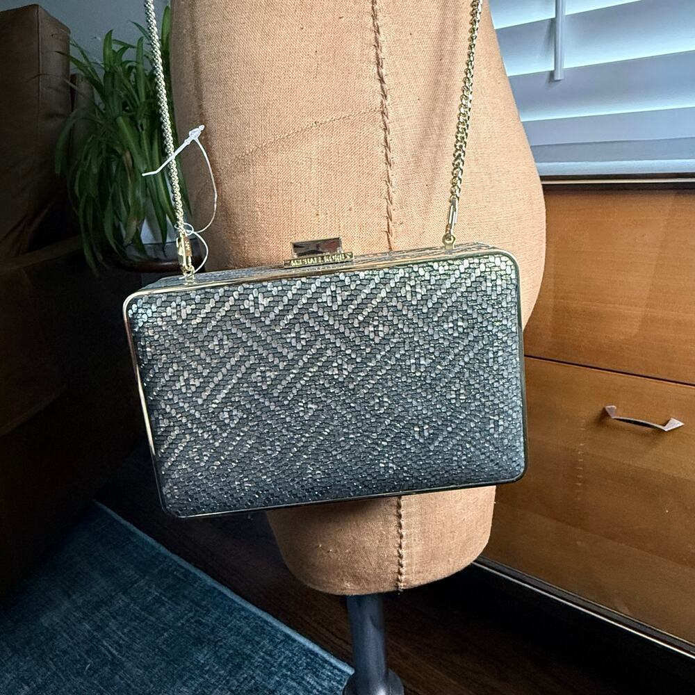 Michael Kors Box Clutch Crossbody Metallic Snake Embossed Gold Chain Evening Bag